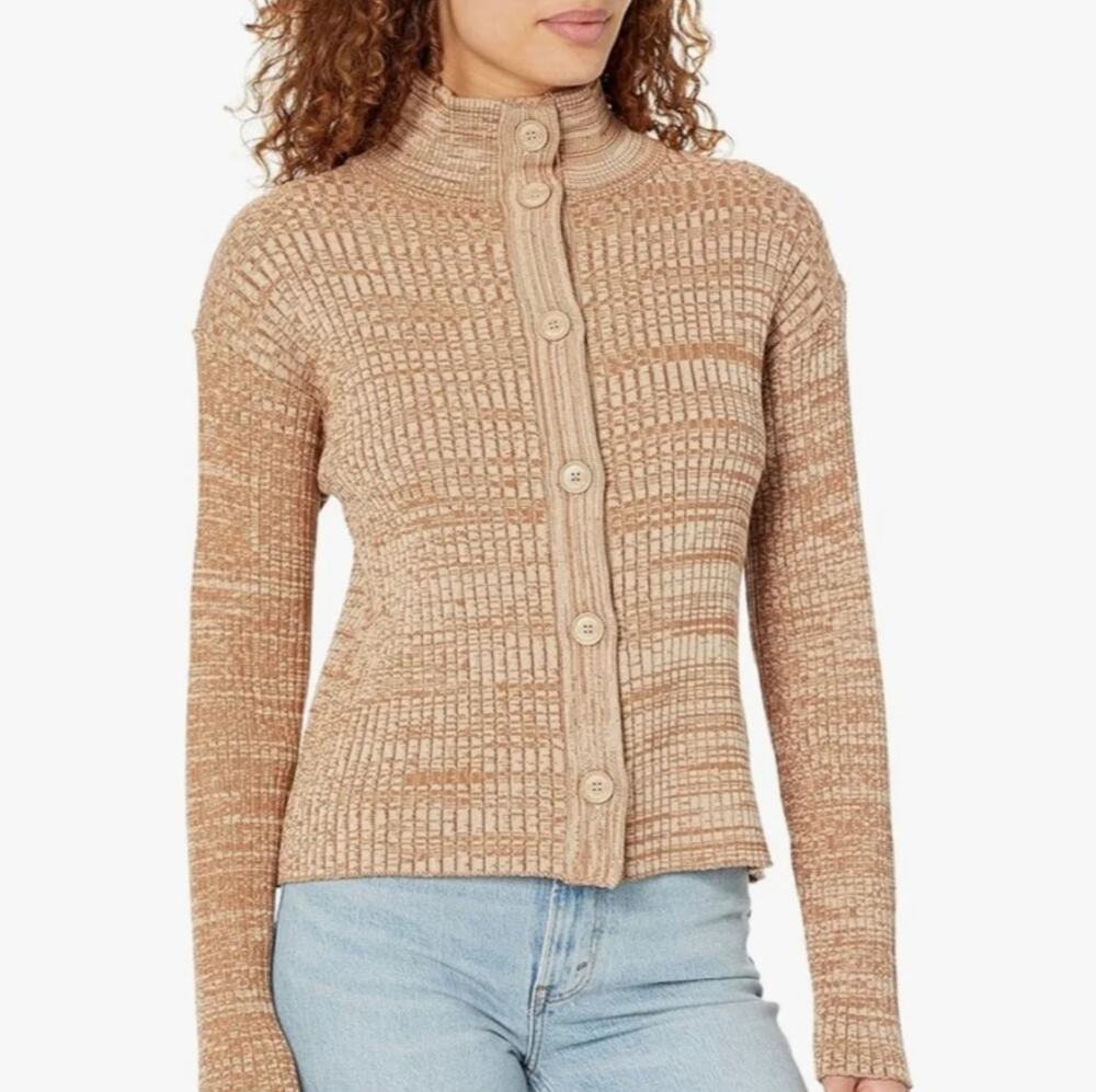 Monrow Cosmo Rib Cardigan Sweater Mock Neck Minimalist Preppy Work Fall Winter S